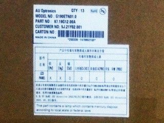 G190ETN01.0 AUO 19.0 inch WLED achterlicht,opperzijde I/F,matte 12S4P WLED, 30K uur, zonder bestuurder