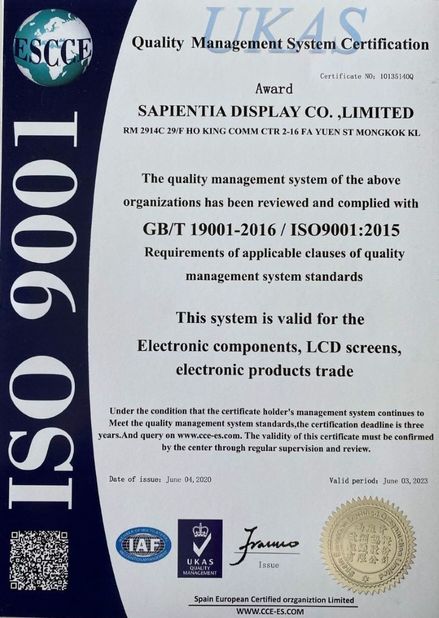 China Sapientia Display Co.,LIMITED Certificaten